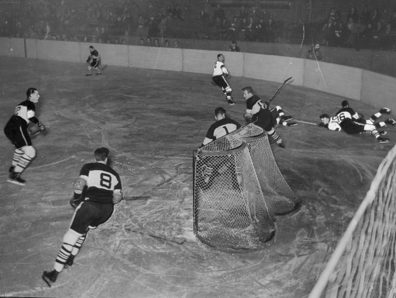 Feathers Flying at Hawk's Goal. St. Louis Eagles Hockey Team, 1934