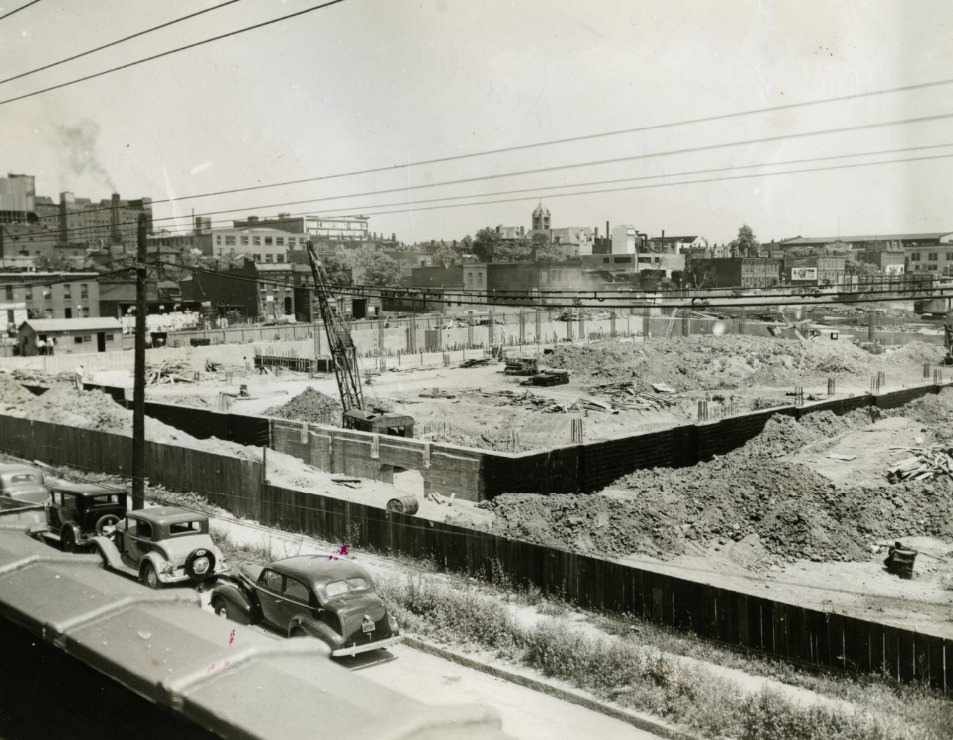 Construction work on the new $1,250,000 National Guard Armory on the south side of Market street just west of Grand boulevard is progressing rapidly, 1937