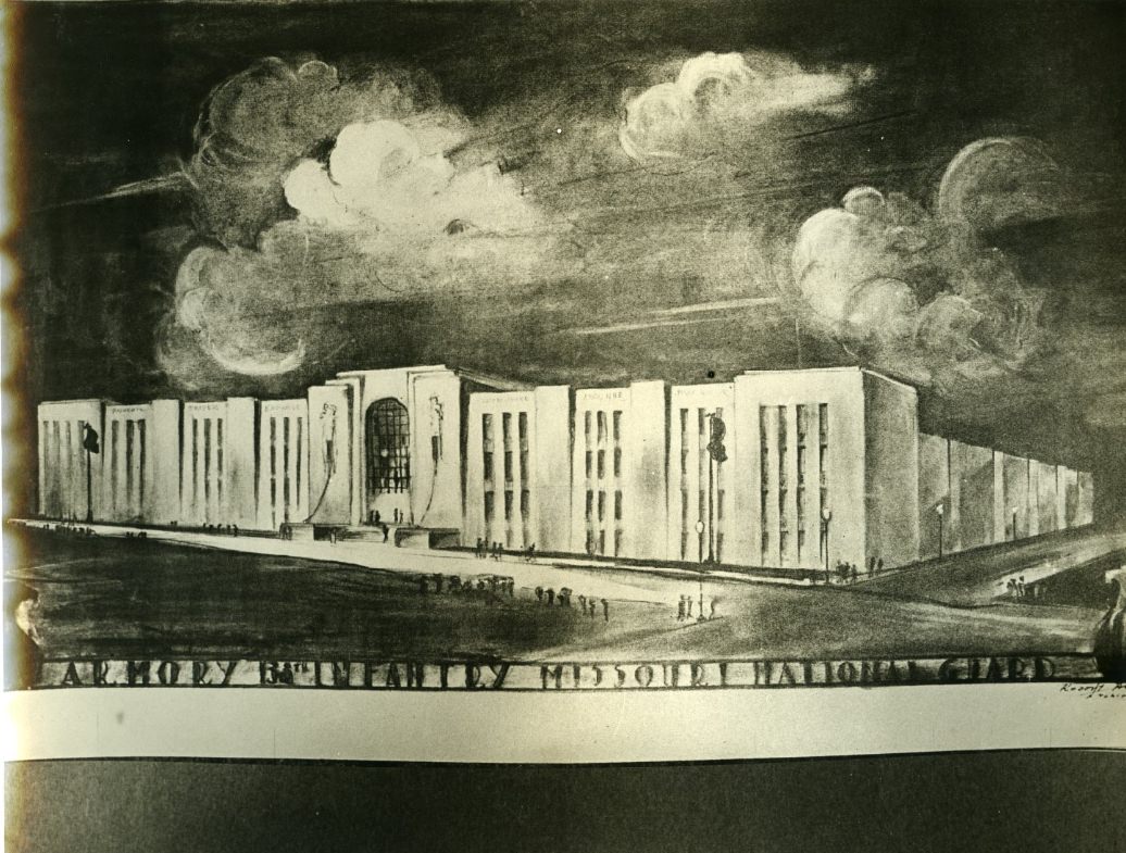 An Artist sketchof the proposed new $1,200,000 Armory for the One Hundred and Thirty-eighth Infantry, Missouri National Guard, as it would look if built under present tentative plans, 1934