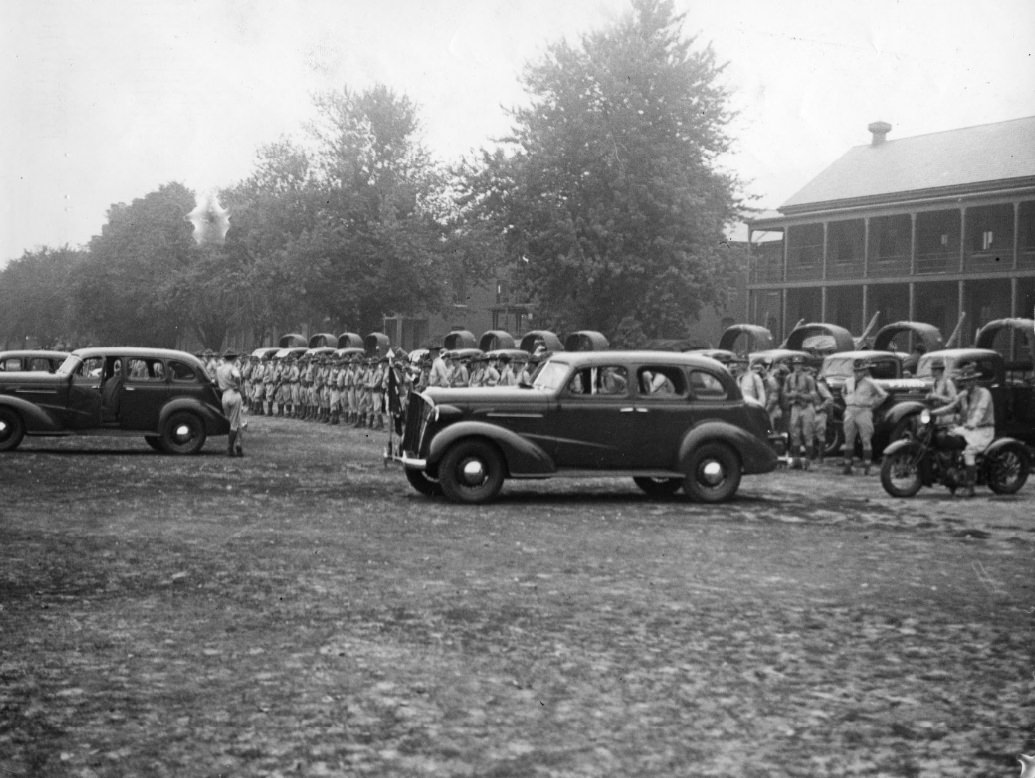 Members of Sixth Infantry preparing to leave for Arcadia, MO., on motorized hike, 1937