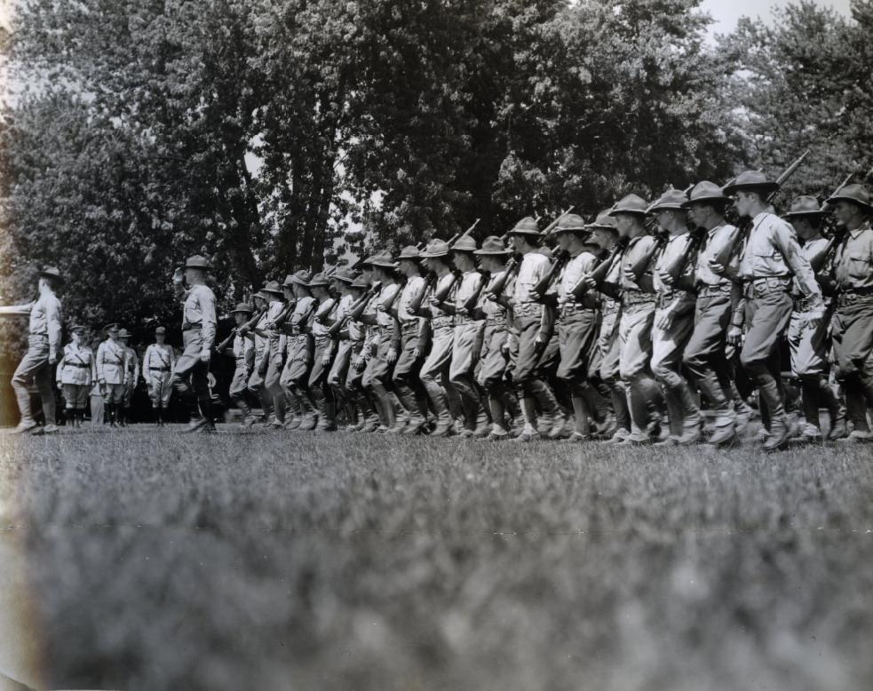The line may be a bit ragged and the step a trifle uncertain, but it must be remembered that these C.M.T.C. youths at Jefferson Barracks first got acquainted with army hoonail shoes July 2, 1930