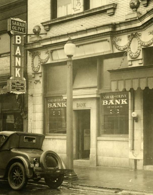 The Sarah-Olive Bank, 4055 Olive street, where three robbers obtained $6,000 in a holdup shortly after noon yesterday, 1931