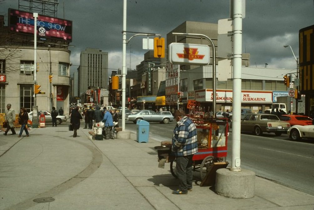 Street vendor outside subway station, 1985