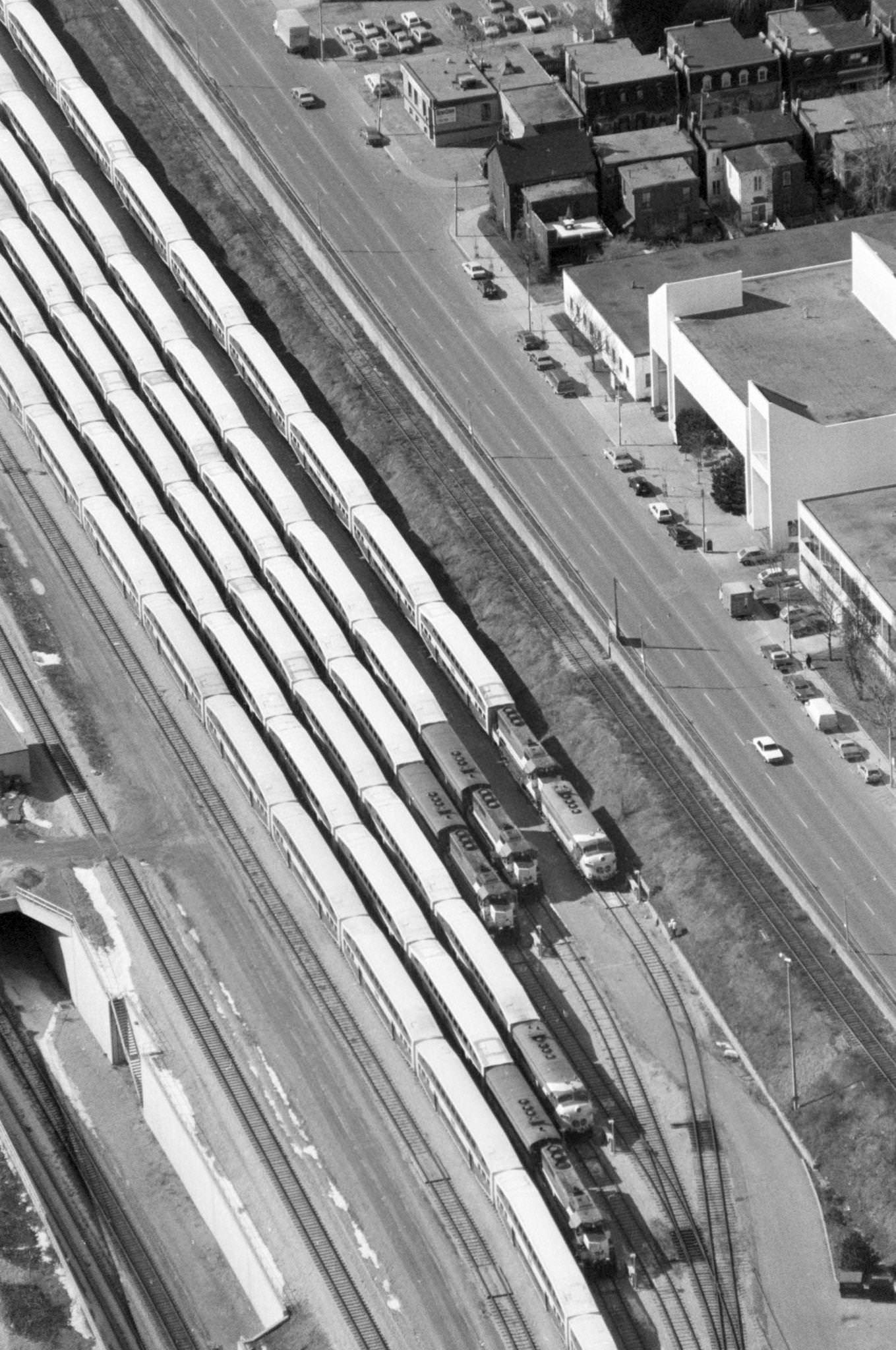 Aerial view of trains parked in station, Toronto, 1980s