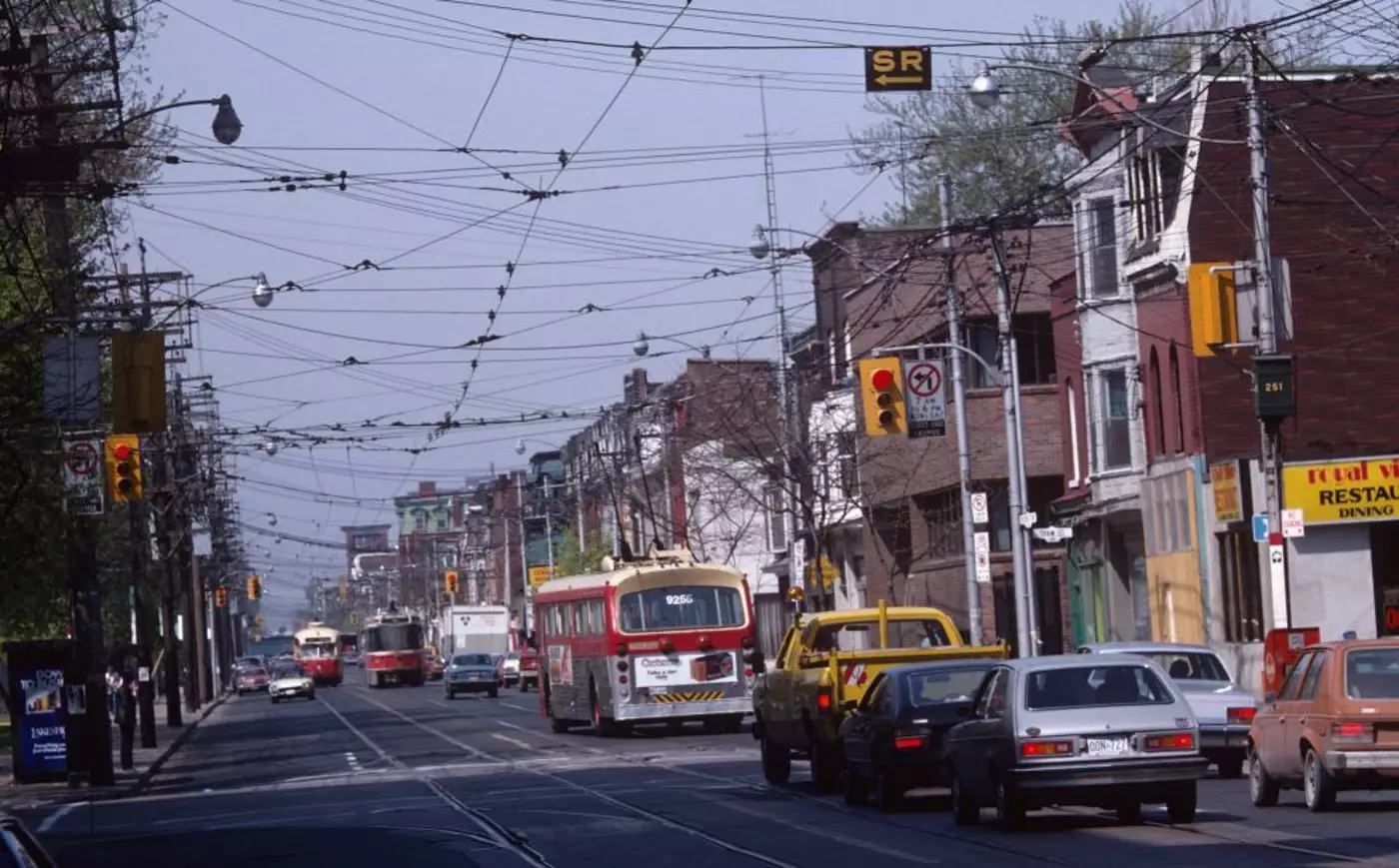 Queen and Shaw streets looking west, 1980s