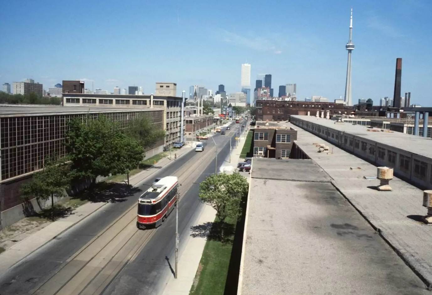 Looking across the Massey Ferguson lands on King West, 1980s