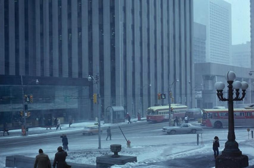 A harsh and modern-looking Queen and Bay during a snowstorm. March 13, 1980.