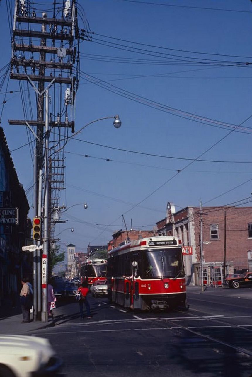 Queen and Sherbourne with St. Paul's Basilica in the background. June 2, 1981.