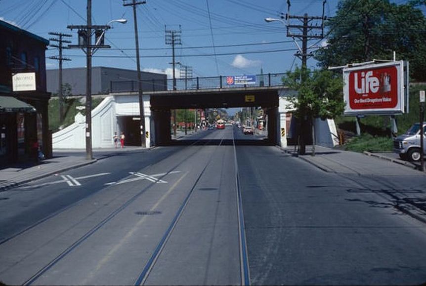 Looking east from Queen and De Grassi under the rail tracks, June 6, 1981.