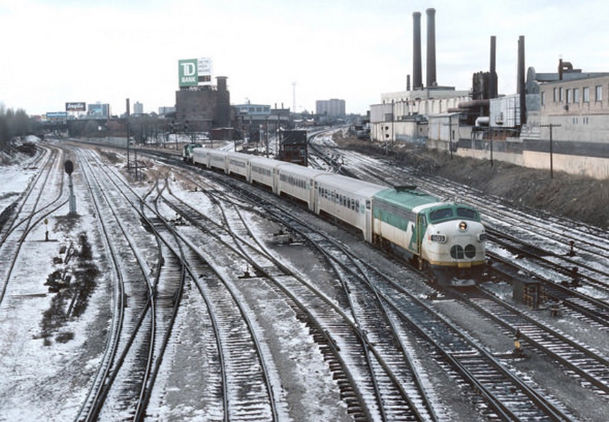 A GO train coming into Union Station, 1980s