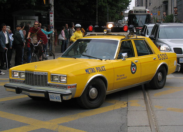 A photo from the modern day, featuring a 1980s-era police car from Metro Toronto.