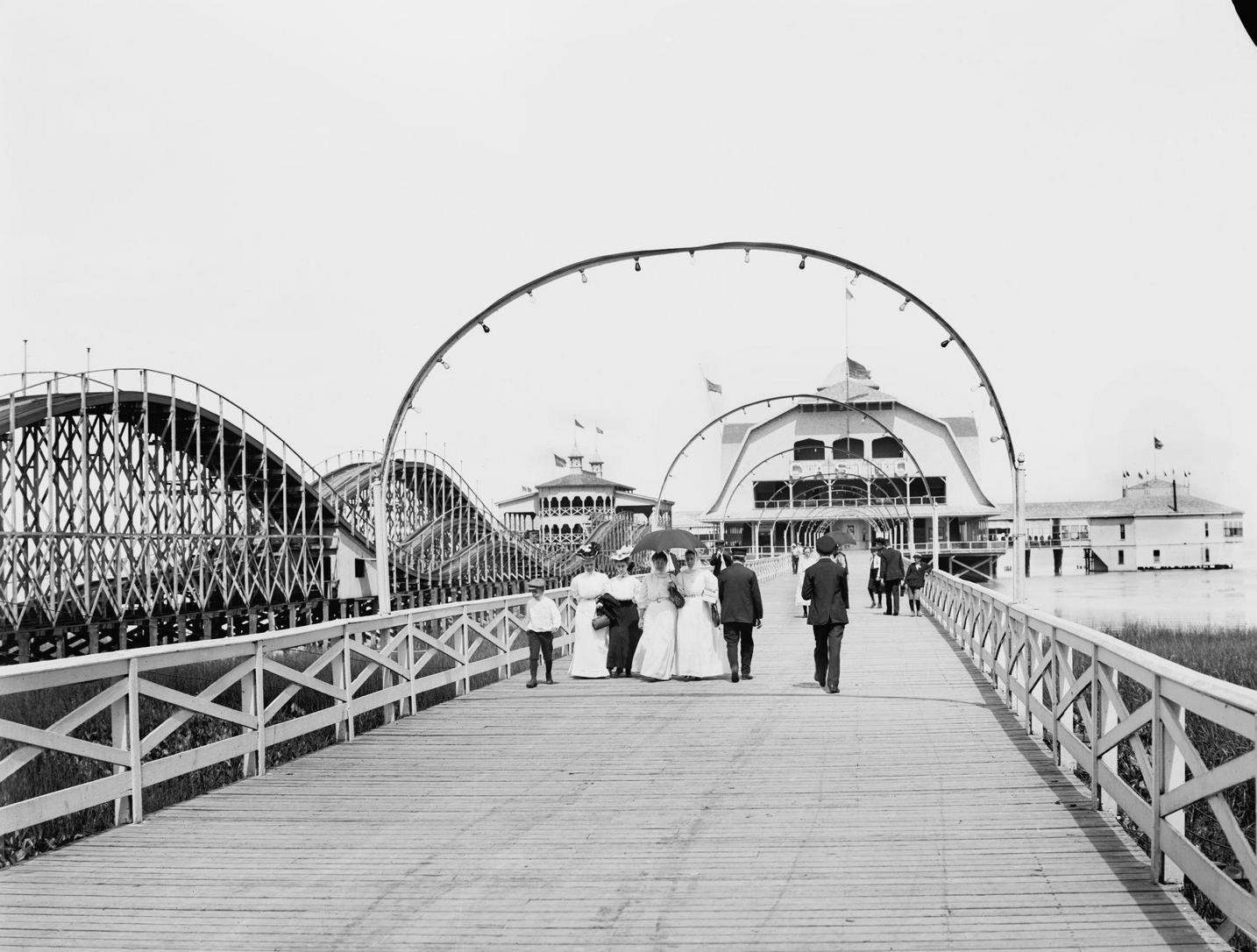 Roller Coaster along Boardwalk Leading to Casino, Lake Erie Park and Casino, Toledo, Ohio, 1906