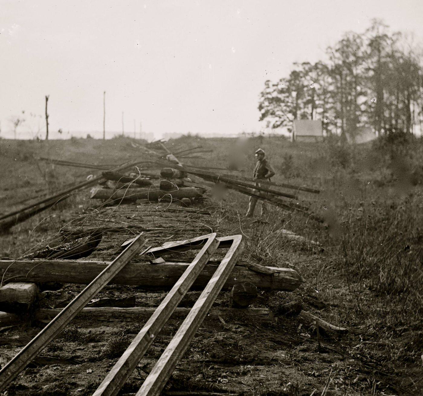 View of the tracks of the Orange & Alexandria Railroad, destroyed by the Confederates between Bristow Station and the Rappahannock, 1862.