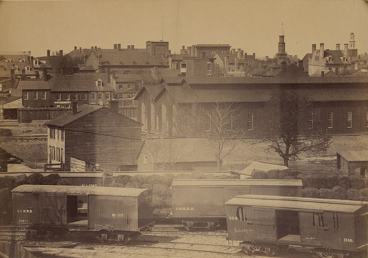 An aerial view of the U.S. Military Railroad engine barn in Alexandria, Virginia, 1862