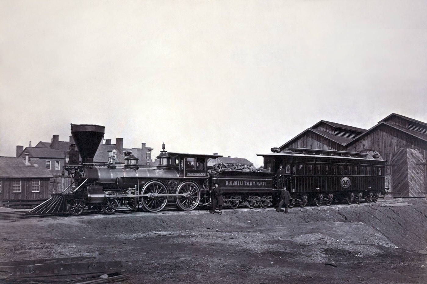 Engine W. H. Whiton, and President's car, Alexandria, 1865