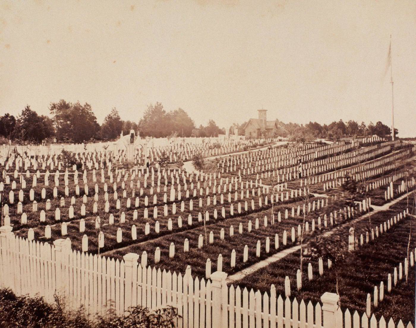 Rows of white grave markers fill a large Civil War cemetery in Alexandria, Virginia, 1860s