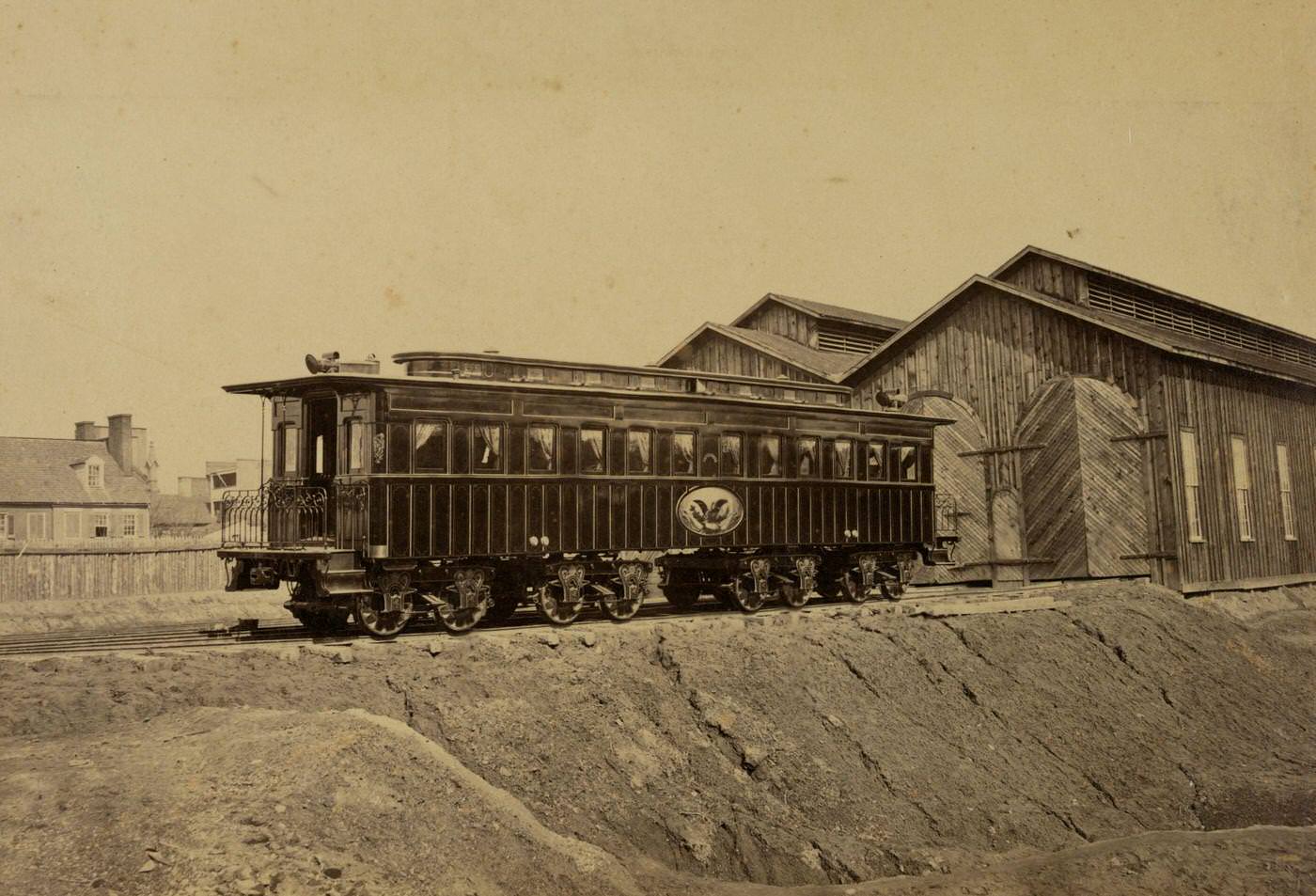 President's rail car at the Alexandria station. Photograph probably taken in Jan. The car was later used as Lincoln's funeral car, 1863
