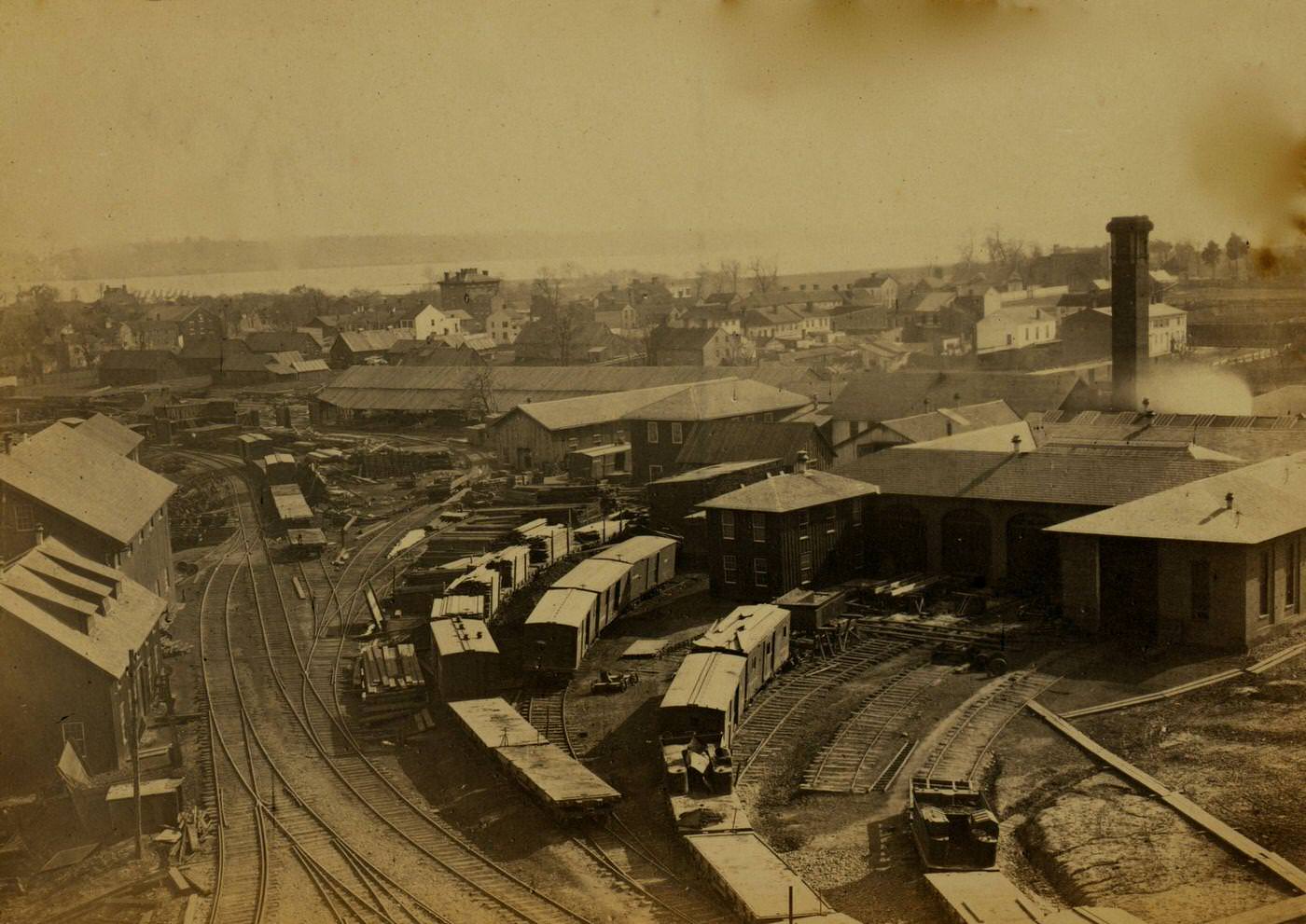 Bird's eye view of machine shops, with east yard of Orange & Alexandria Railroad, 1863