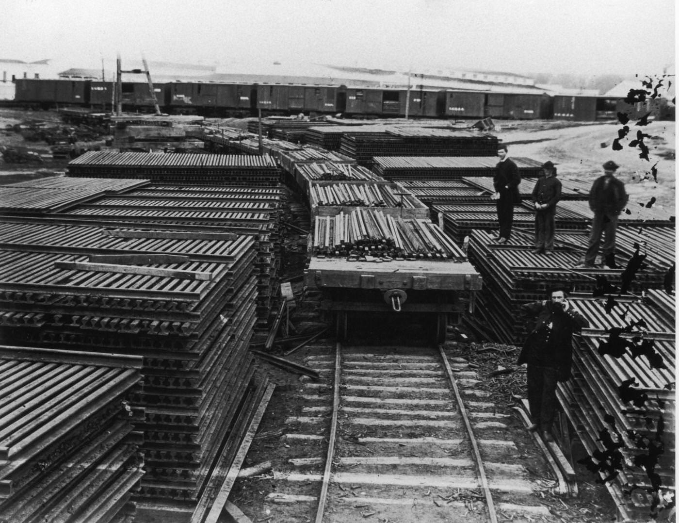 A US Military Rail Road (USMRR) yard full of rails to maintain Federal rail lines during the American Civil War, at Alexandria, Virginia, 1860