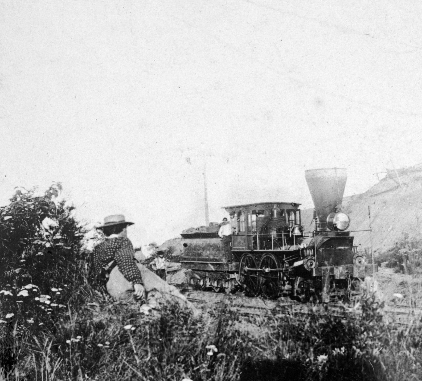 View of a man as he watches a locomotive pass on the Orange and Alexandria Railroad, Alexandria, Virginia, 1862.