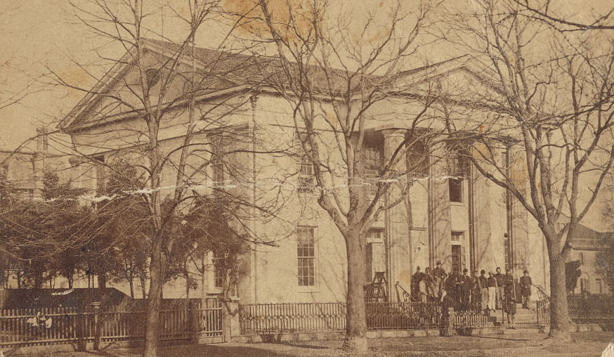 Union soldiers on the steps of Lyceum Hospital, Alexandria, Virginia, 1865