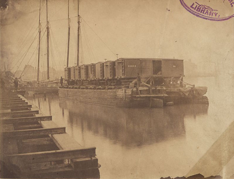 Transportation on the Potomac. Cars loaded at Alexandria can be carried on barges or arks to Aquia Creek, and sent to stations where the Army of the Potomac is supplied, 1862