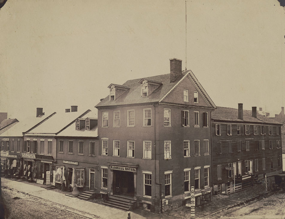 An exterior view of Marshall House and adjoining buildings, 1862