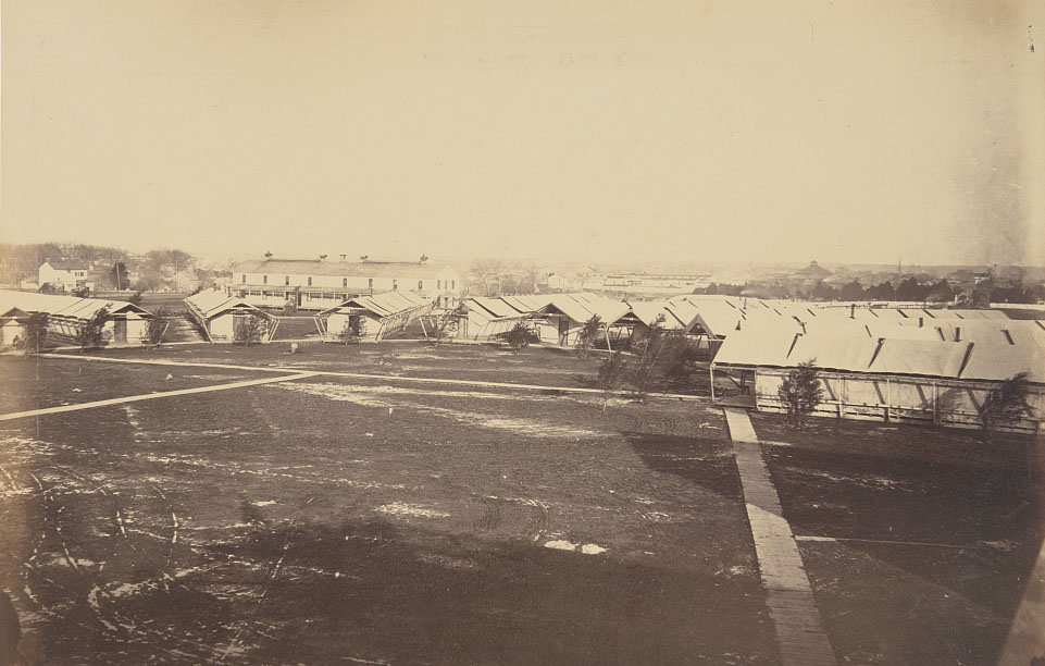 Tents used as barracks after the wood-frame barracks at Camp Slough were converted to medical buildings at Slough Hospital, 1864