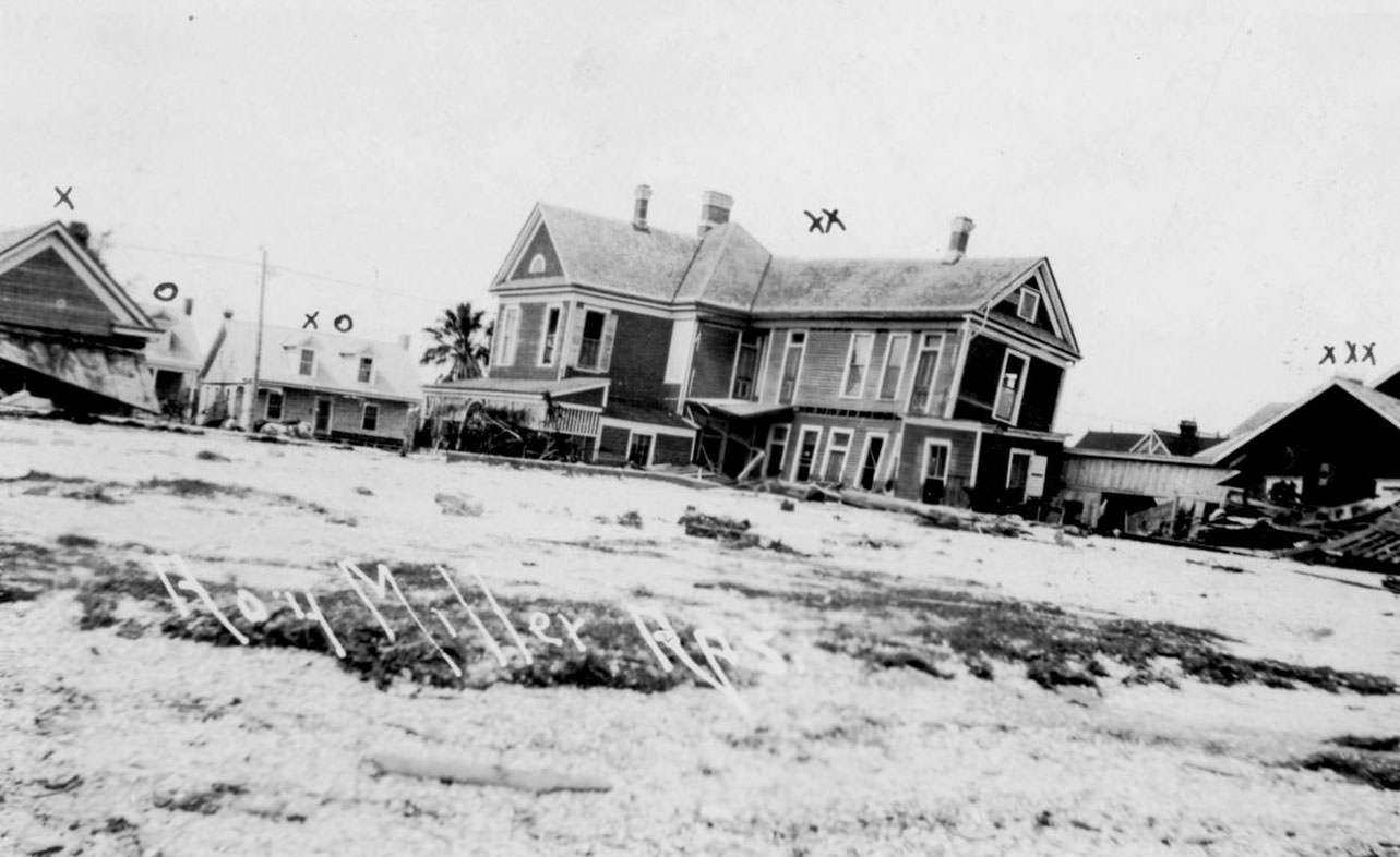 A number of houses off their foundations in the aftermath of the 1919 hurricane in Corpus Christi.