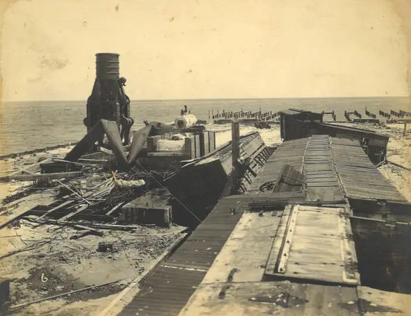 The cotton compress at the Municipal Wharf in downtown Corpus Christi was destroyed during the 1919 hurricane. From the collection of Inez Hendrix Stairs.