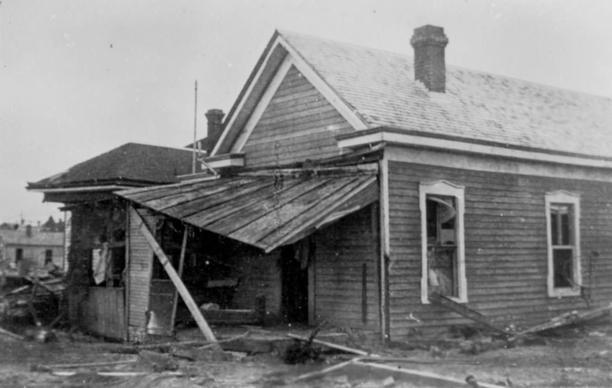 A damaged house in Corpus Christi, Texas around the time of a hurricane in 1919.