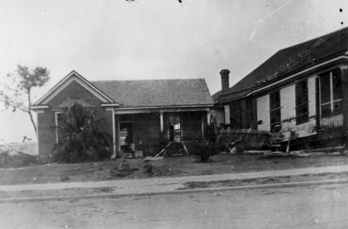 A house that has been heavily damaged by a hurricane in Corpus Christi, Texas in 1919.