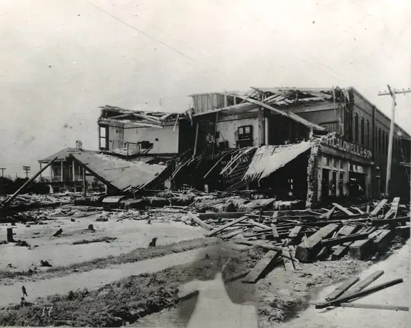 The E.H. Caldwell & Son hardware and machinery warehouse at Chaparral and William streets in downtown Corpus Christi following the 1919 hurricane.