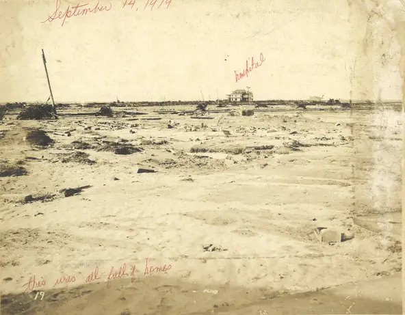 Spohn Sanitarium on North Beach (labeled hospital), one of only three buildings that survived the 1919 hurricane in Corpus Christi.
