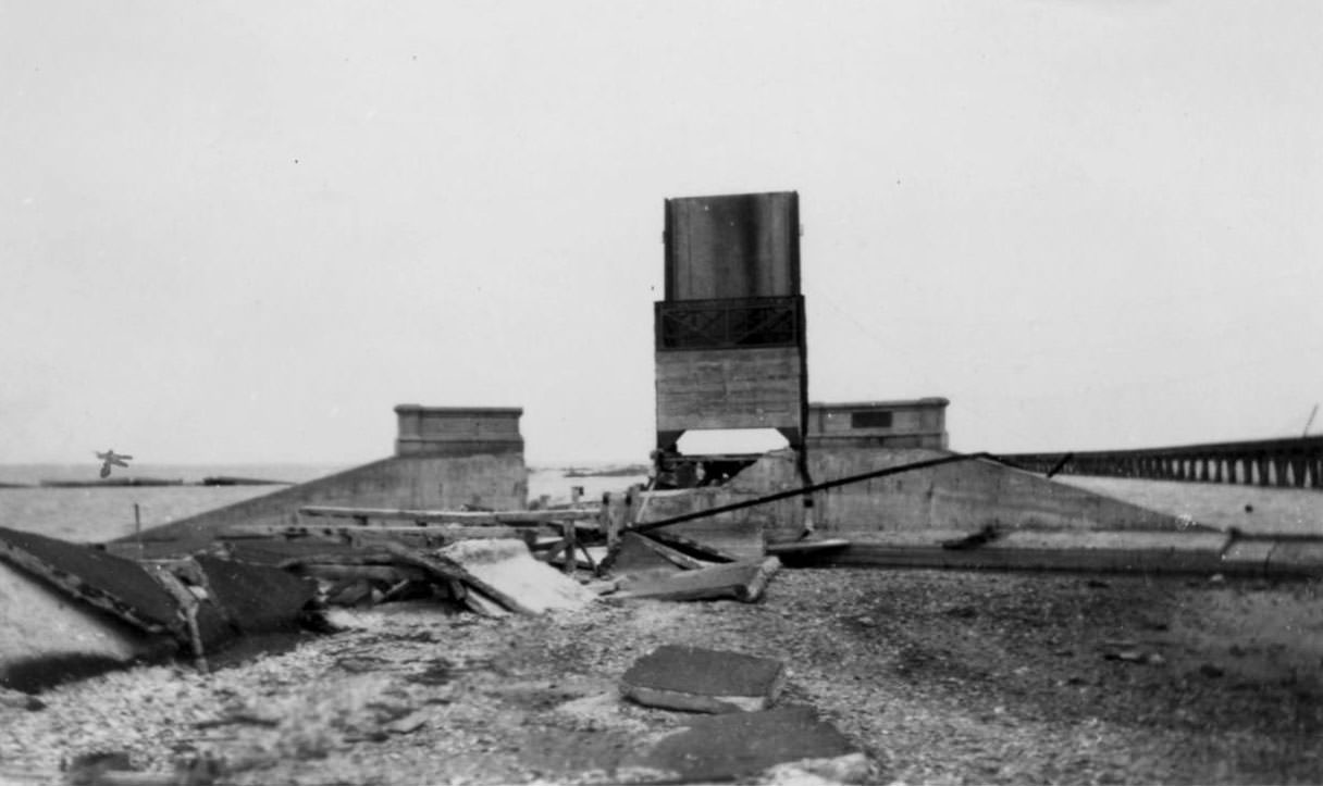 The causeway and railroad bridge near Corpus Christi after distruction of the 1919 hurricane.