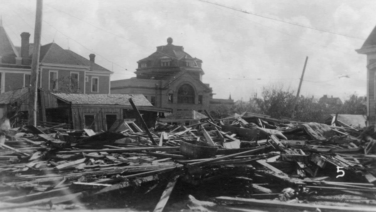 Methodist Church and two other buildings standing after the hurricane of 1919 in Corpus Christi.