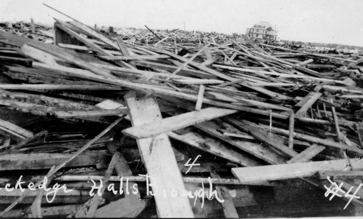 Boards from destroyed buildings along the North Beach area of Corpus Christi after the hurricane of 1919.