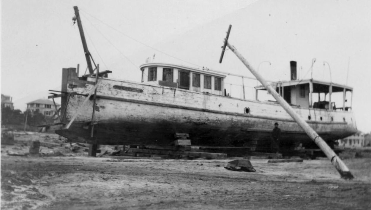 A boat, the Japonica, after the hurricane of 1919 in Corpus Christi.