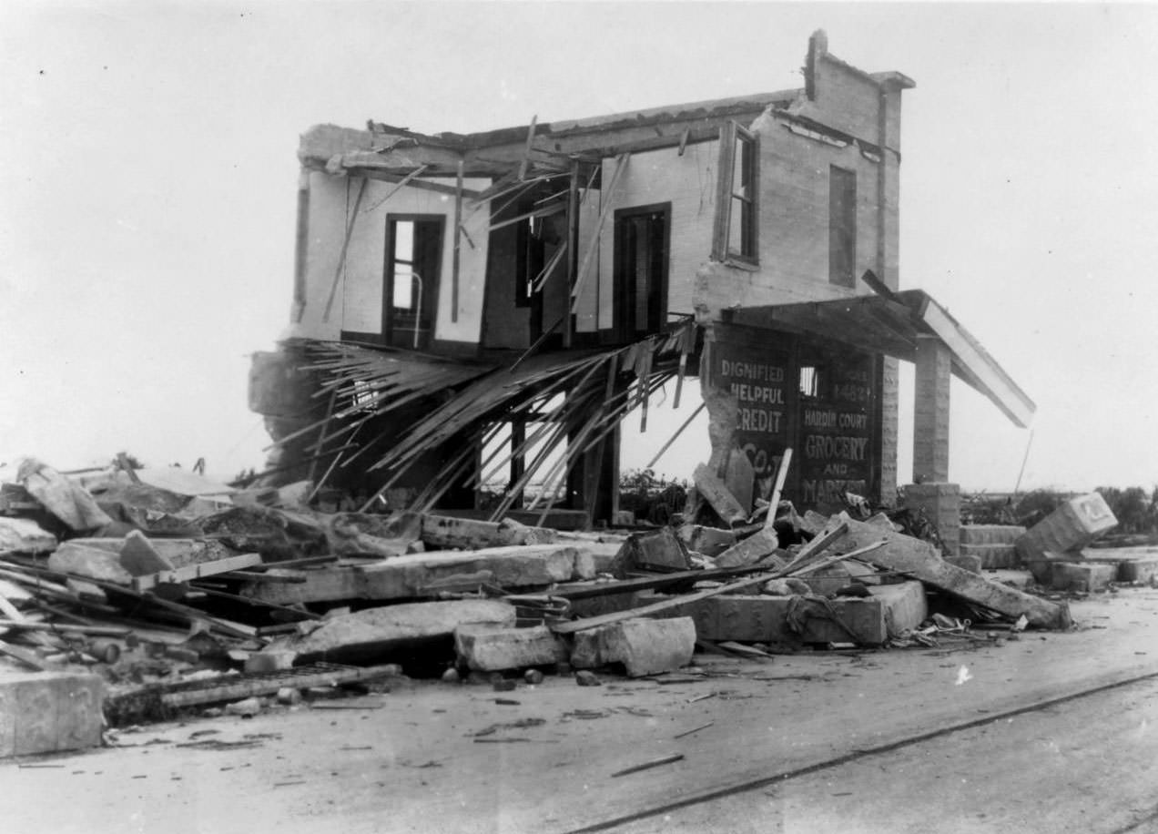 A concrete building that is half gone after the hurricane of 1919 in Corpus Christi.