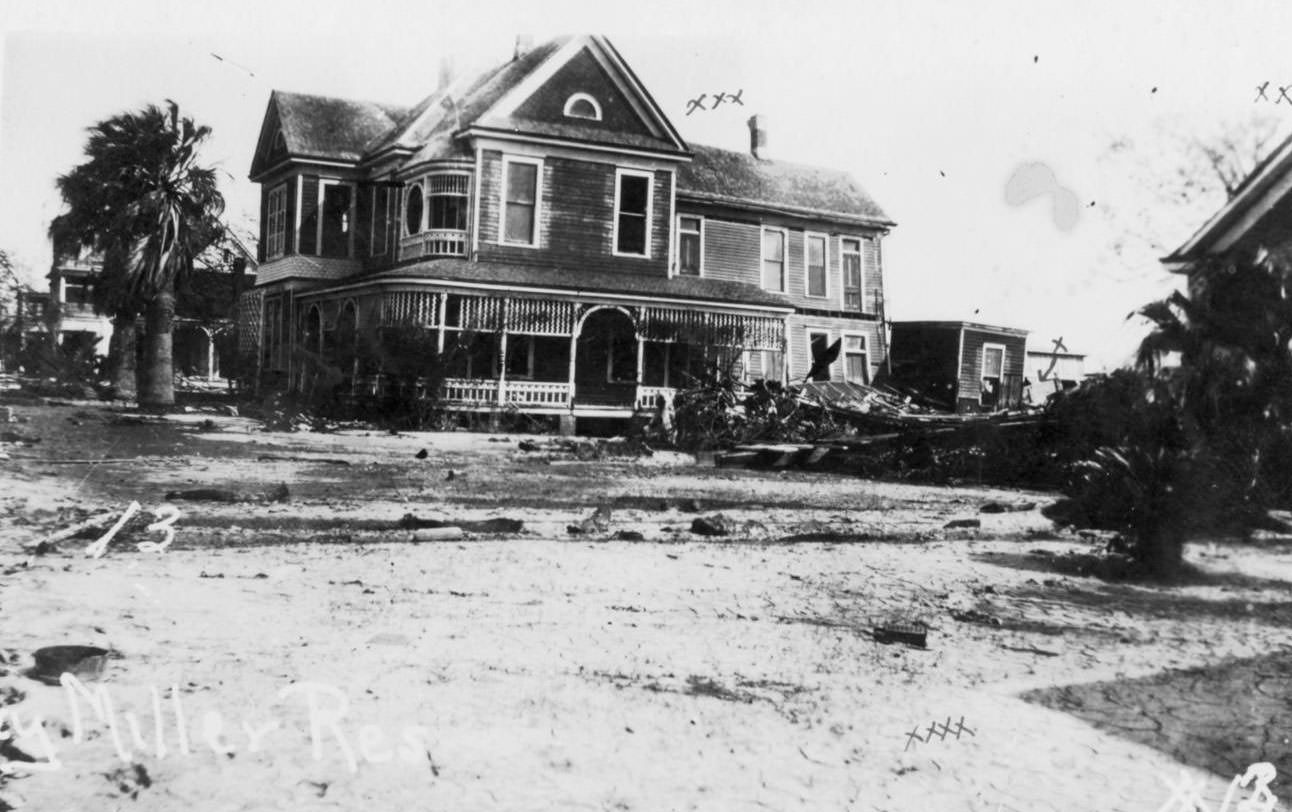 The Miller residence with damages sustained in the hurricane of 1919 in Corpus Christi.