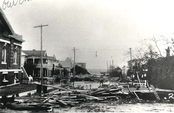 Looking down Taylor Street toward Corpus Christi Bay following the 1919 hurricane.