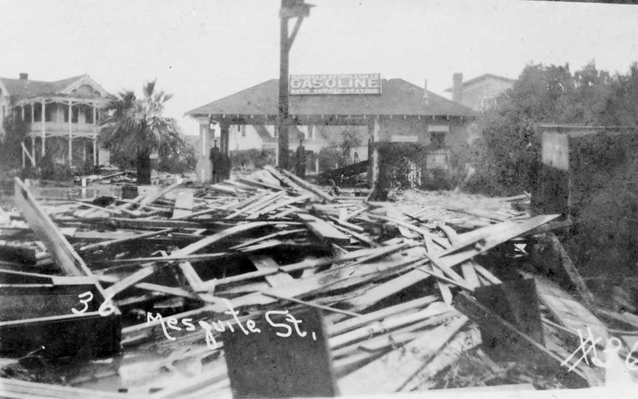The Magnolia Petroleum Company, a two-story home and debris from the 1919 hurricane in Corpus Christi.