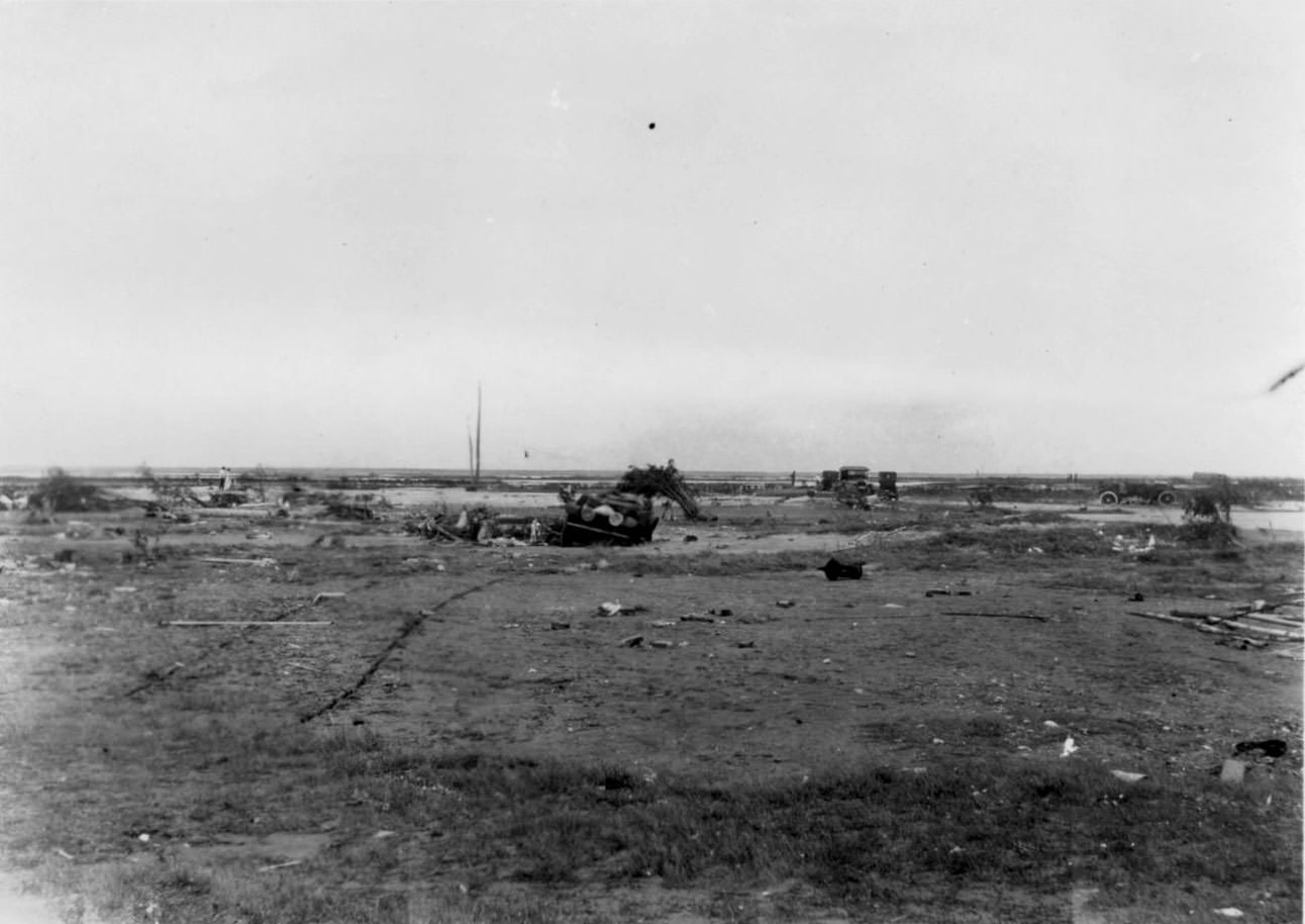 Overturned cars on the beach in Corpus Christi, Texas around the time of a hurricane in 1919.