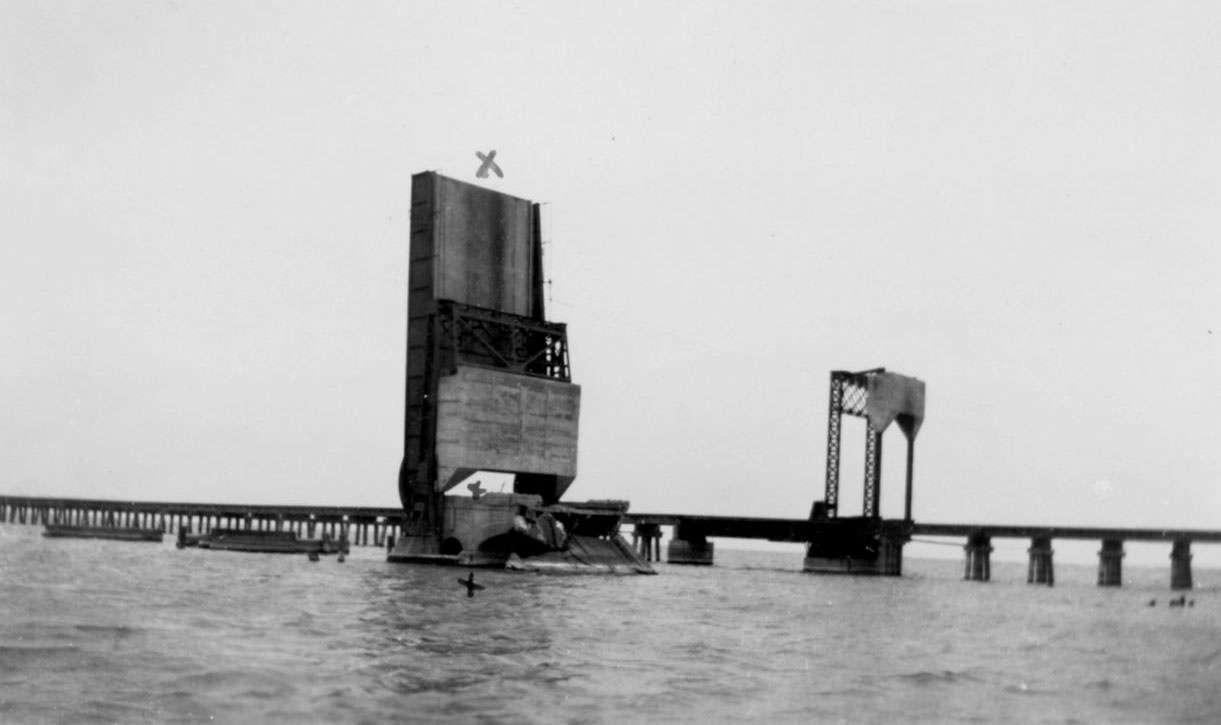 The remains of the causeway that once crossed the bay in Corpus Christi after the hurricane of 1919.