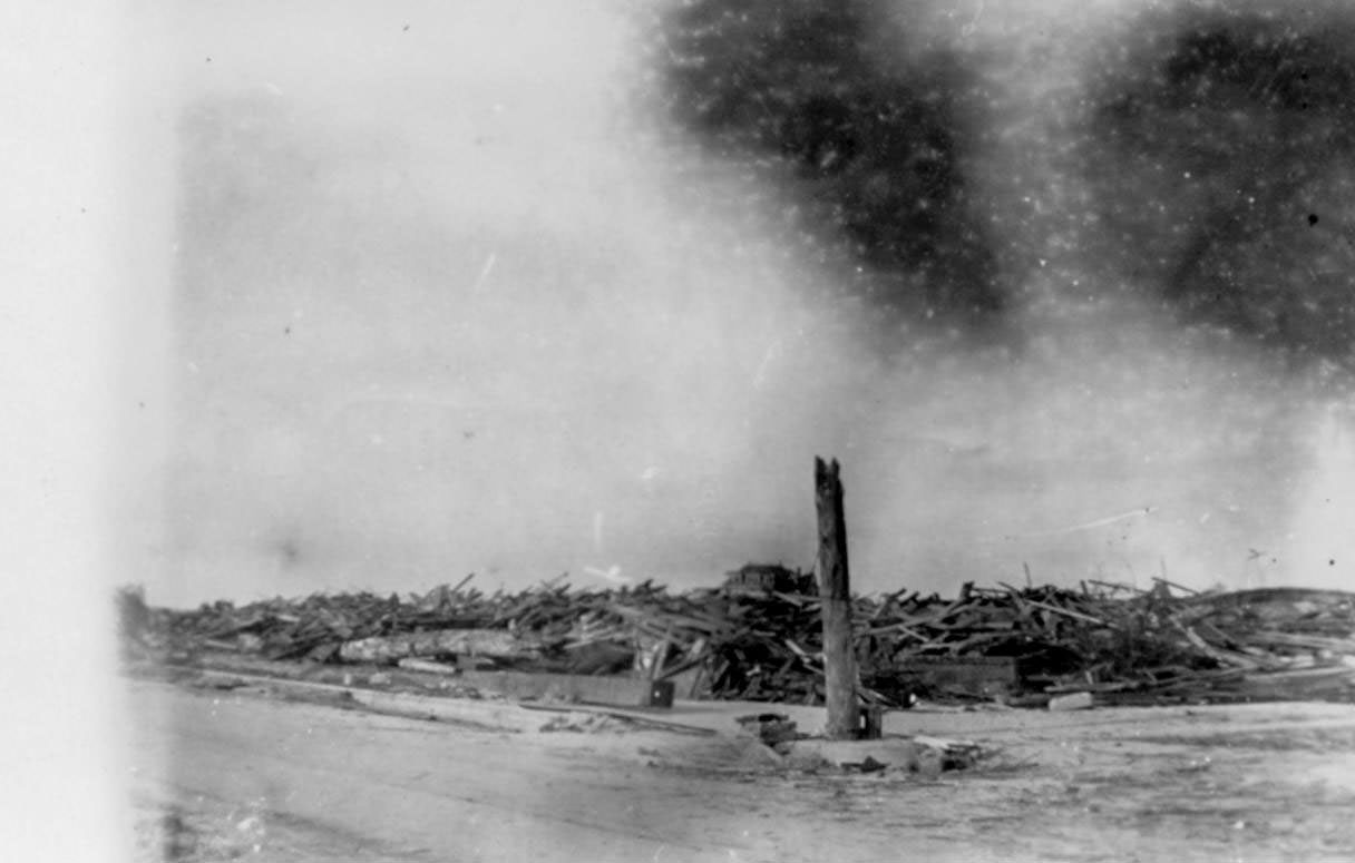 Wreckage out toward North Beach in Corpus Christi, Texas around the time of a hurricane in 1919.
