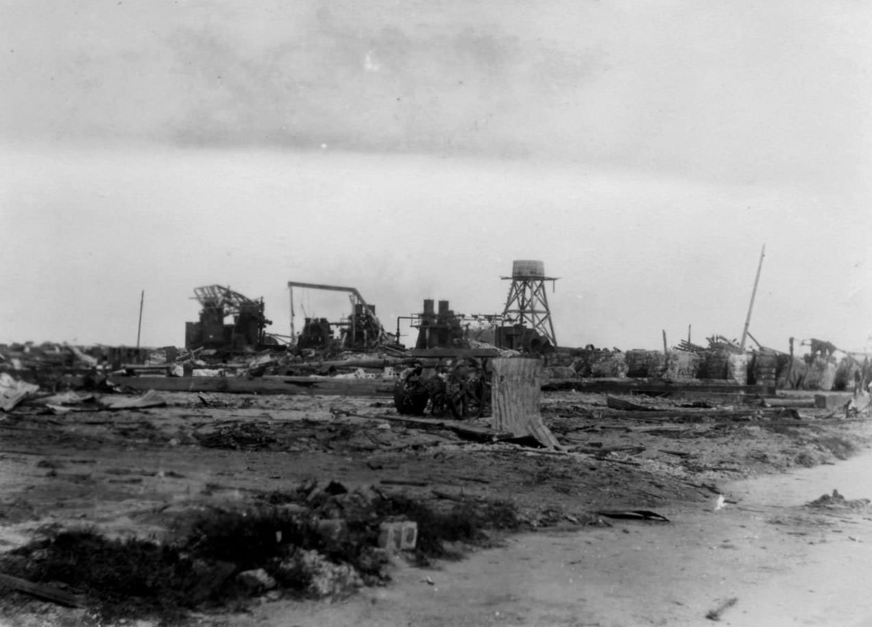 The remains of the ice factories in Corpus Christi, Texas around the time of a hurricane in 1919.