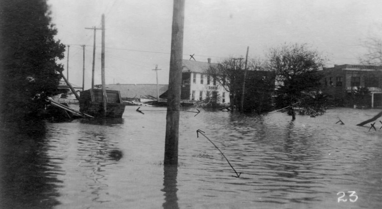 The remains of the old Winona Hotel in standing water after the Corpus Christi hurricane of 1919.