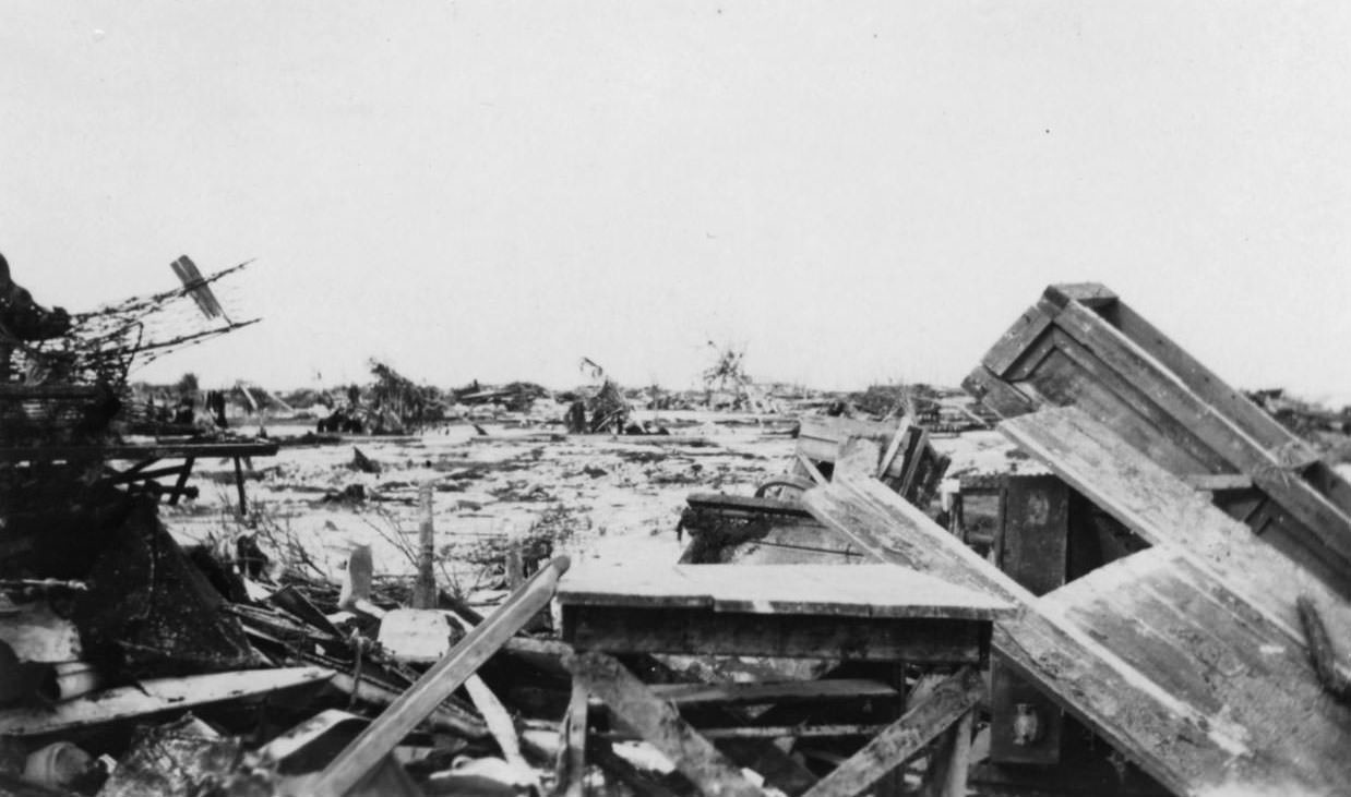 Debris on the north beach in Corpus Christi, Texas around the time of a hurricane in 1919.