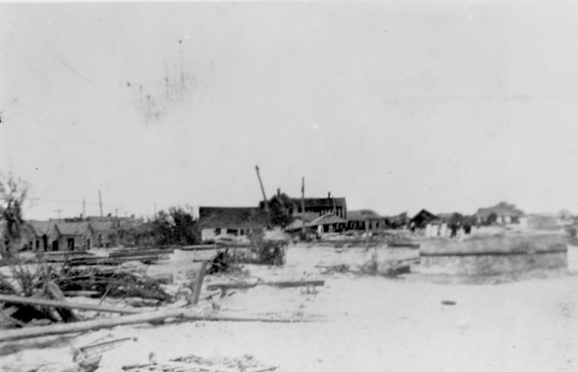 A damaged neighborhood in Corpus Christi, Texas around the time of a hurricane in 1919.