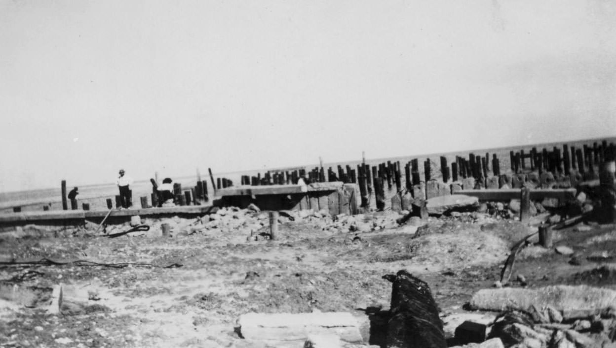 The concrete rubble and pilings where the Municipal Pier once stood before the Corpus Christi hurricane of 1919.